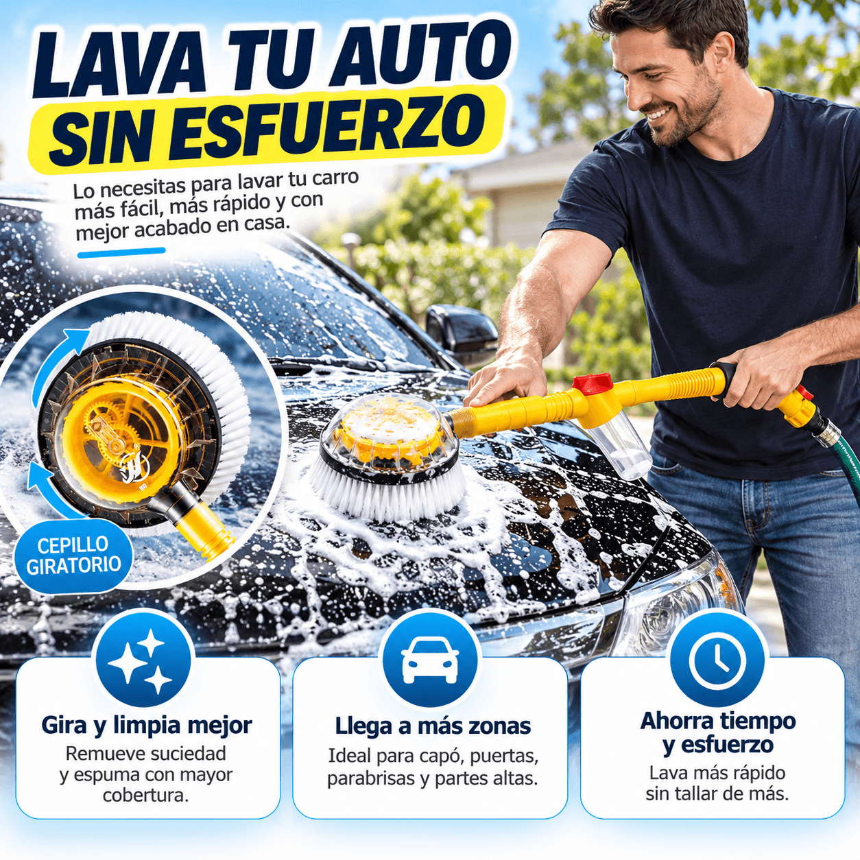 Cepillo Giratorio de Lavado a Presión con Dispensador de Jabón y Extensiones — imagen 6