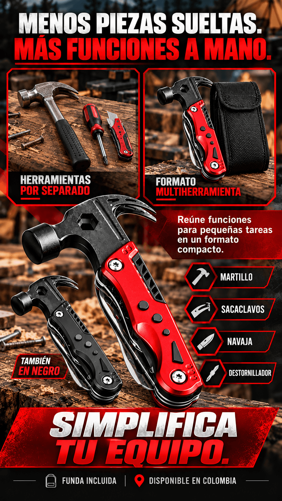 Martillo Multiherramienta Plegable de Acero Inoxidable — imagen 6